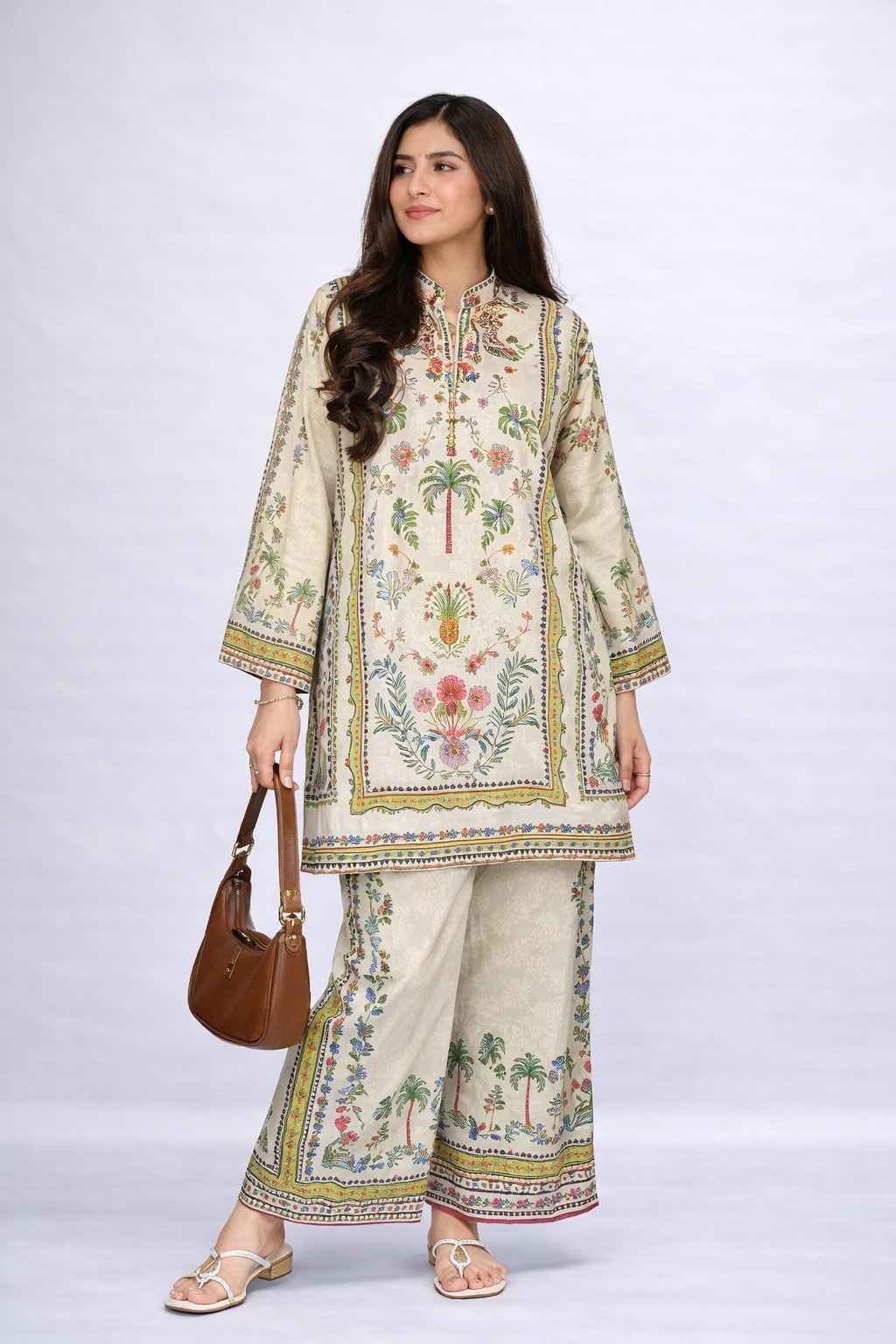 Beige Floral Printed 2-Piece Co-Ord Set for Women