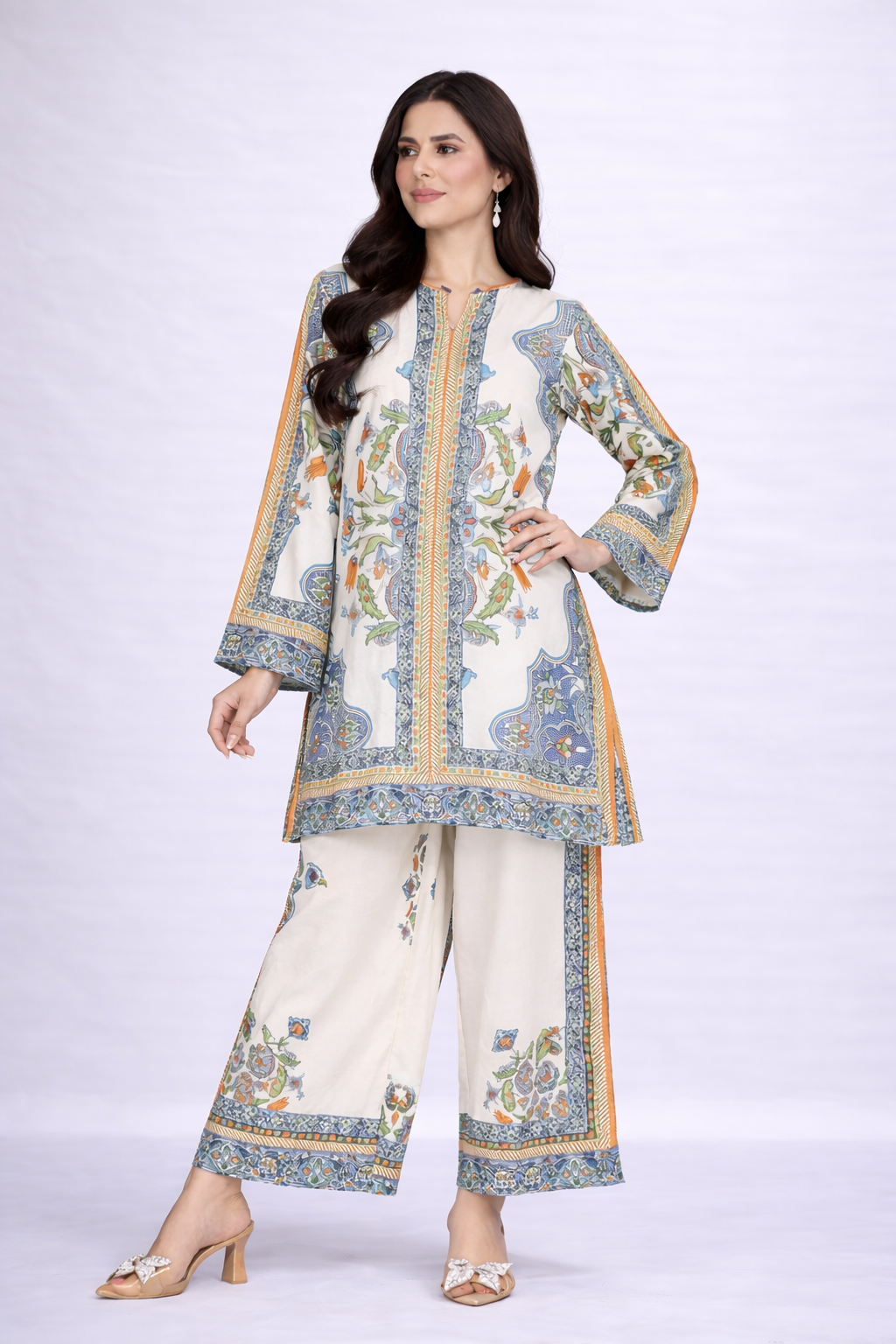 Ivory Floral Printed 2-Piece Co-Ord Set for Women