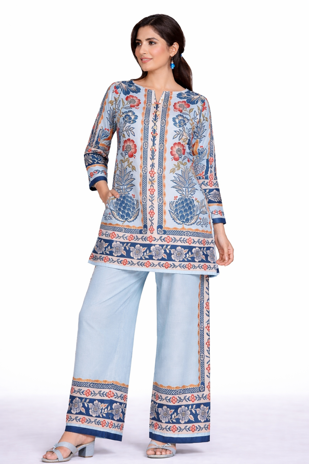 Powder Blue Floral Printed 2-Piece Co-Ord Set for Women