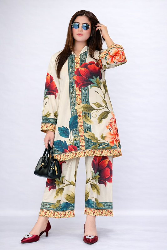 Off-White Floral Printed 2-Piece Co-Ord Set for Women