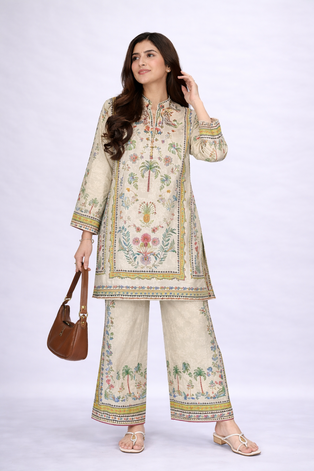 Beige Floral Printed 2-Piece Co-Ord Set for Women