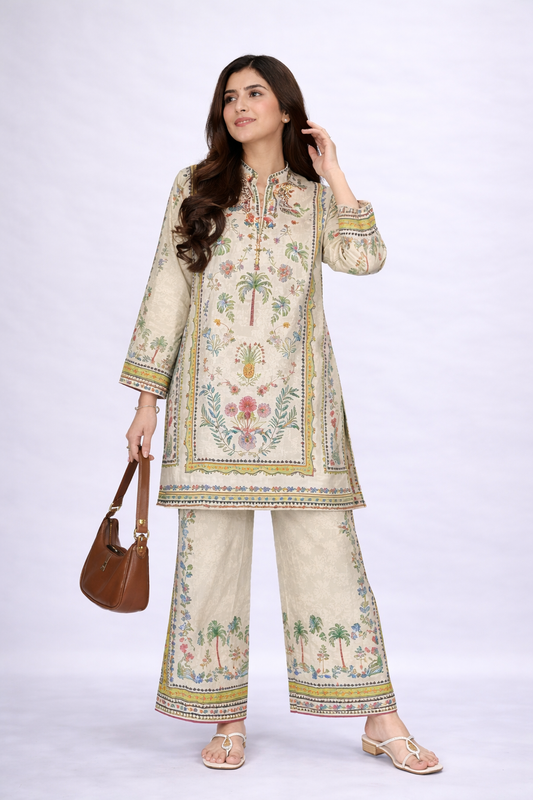 Beige Floral Printed 2-Piece Co-Ord Set for Women