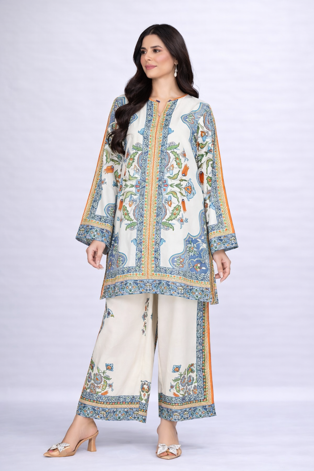 Ivory Floral Printed 2-Piece Co-Ord Set for Women
