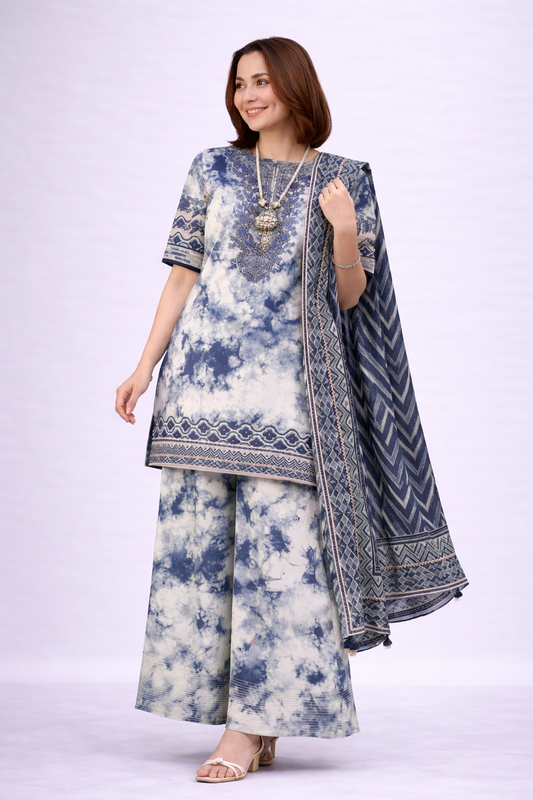 Navy Blue Tie-Dye Printed 3-Piece Suit for Women