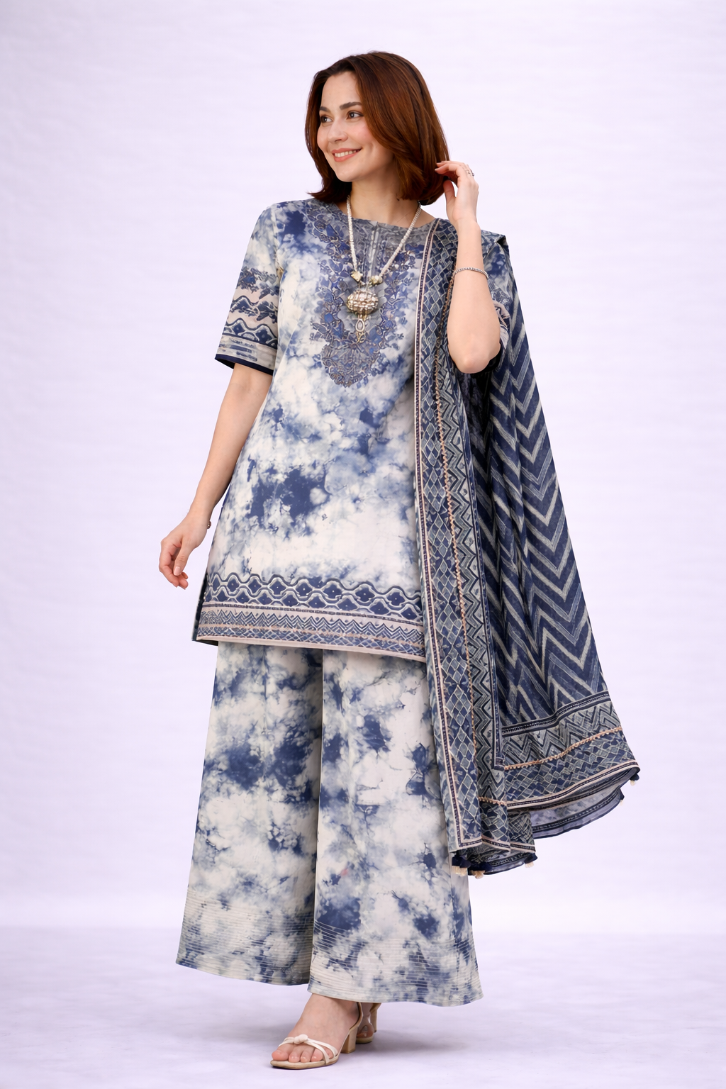 Navy Blue Tie-Dye Printed 3-Piece Suit for Women