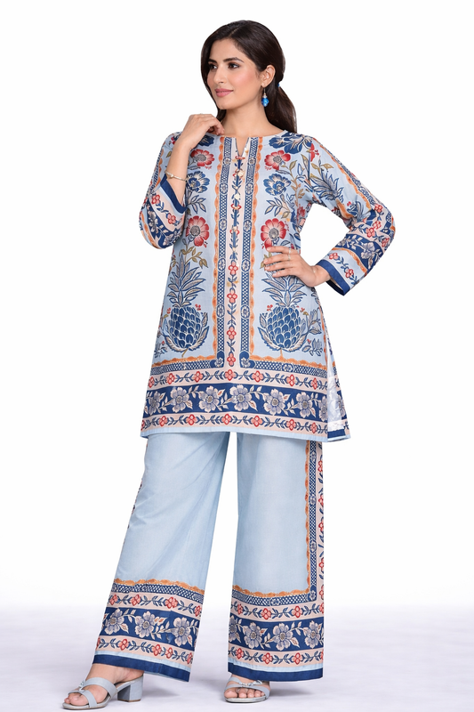 Powder Blue Floral Printed 2-Piece Co-Ord Set for Women