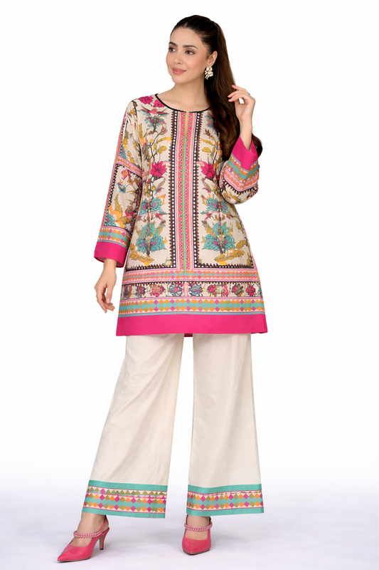 White Floral Printed 2-Piece Eastern Suit for Women