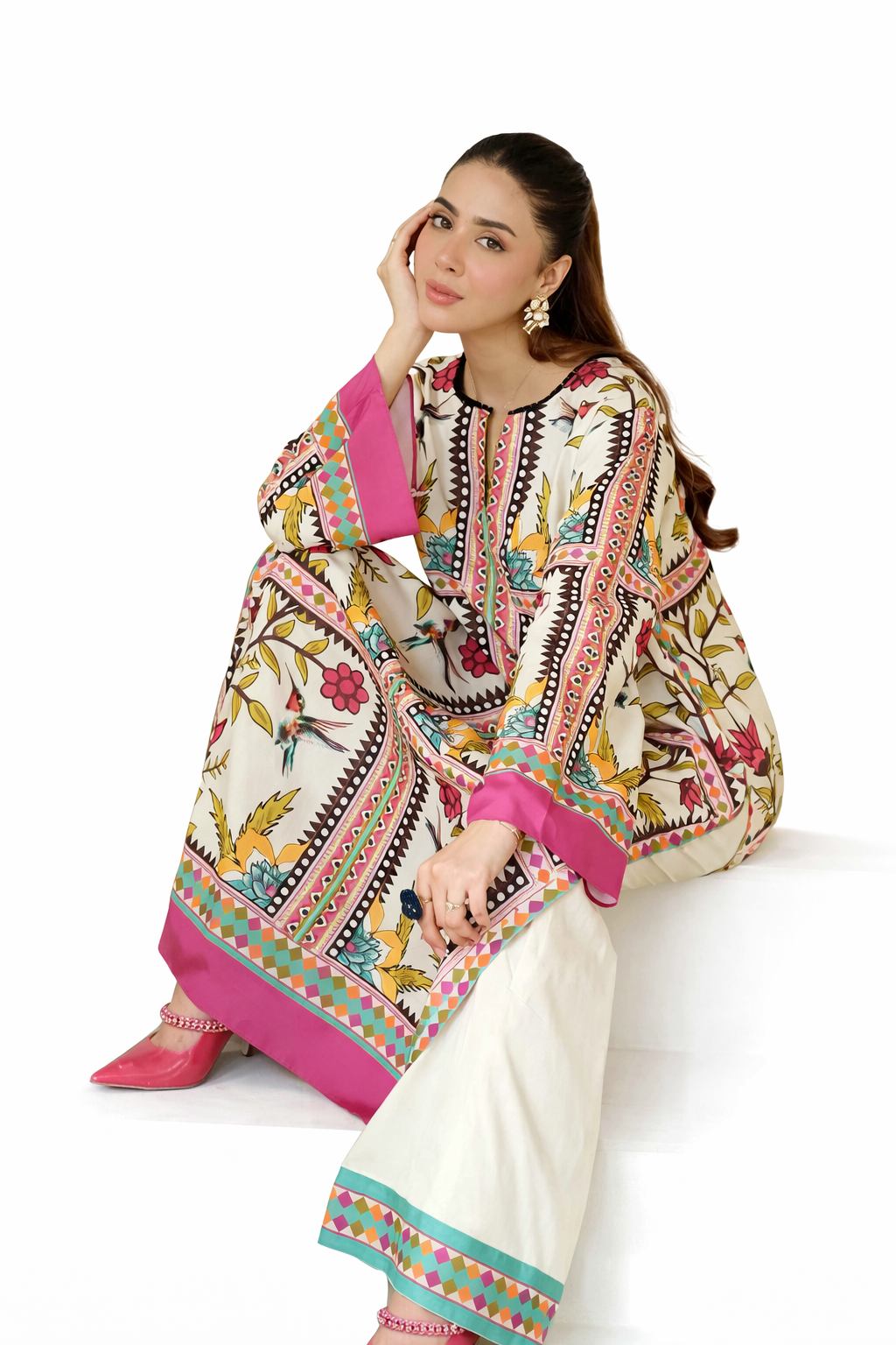 White Floral Printed 2-Piece Eastern Suit for Women