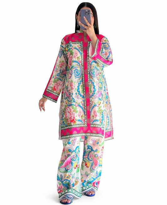 White Paisley Printed 2-Piece Co-Ord Set for Women