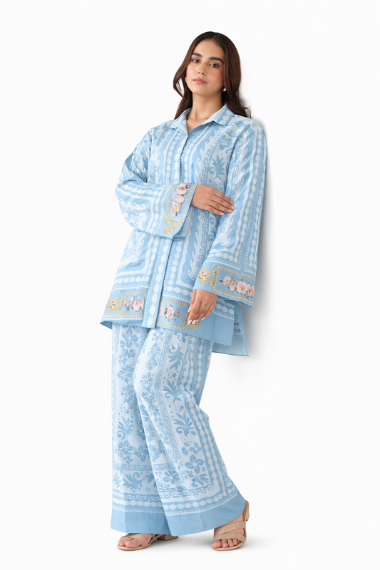 Sky Blue Printed 2-Piece Co-Ord Set for Women