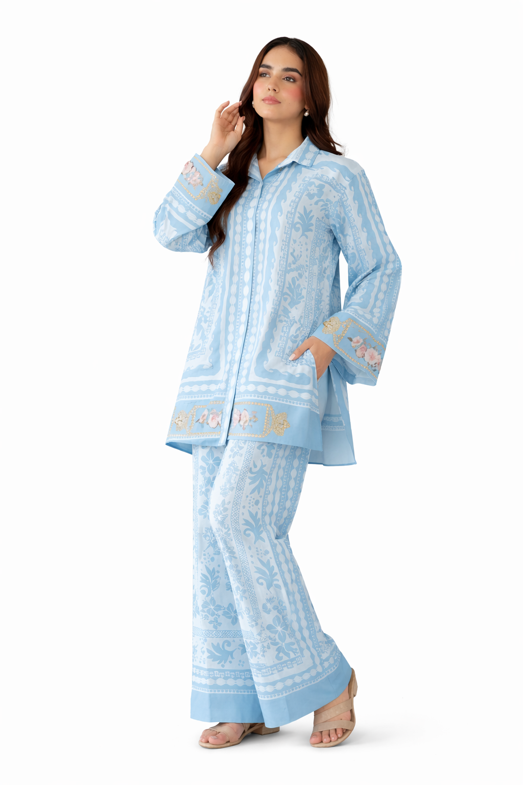 Sky Blue Printed 2-Piece Co-Ord Set for Women