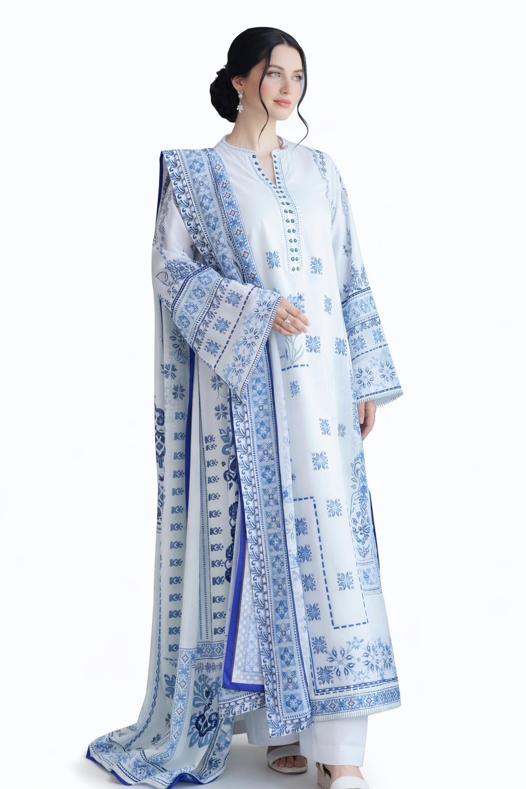 White & Blue Printed 3-Piece Eastern Suit for Women
