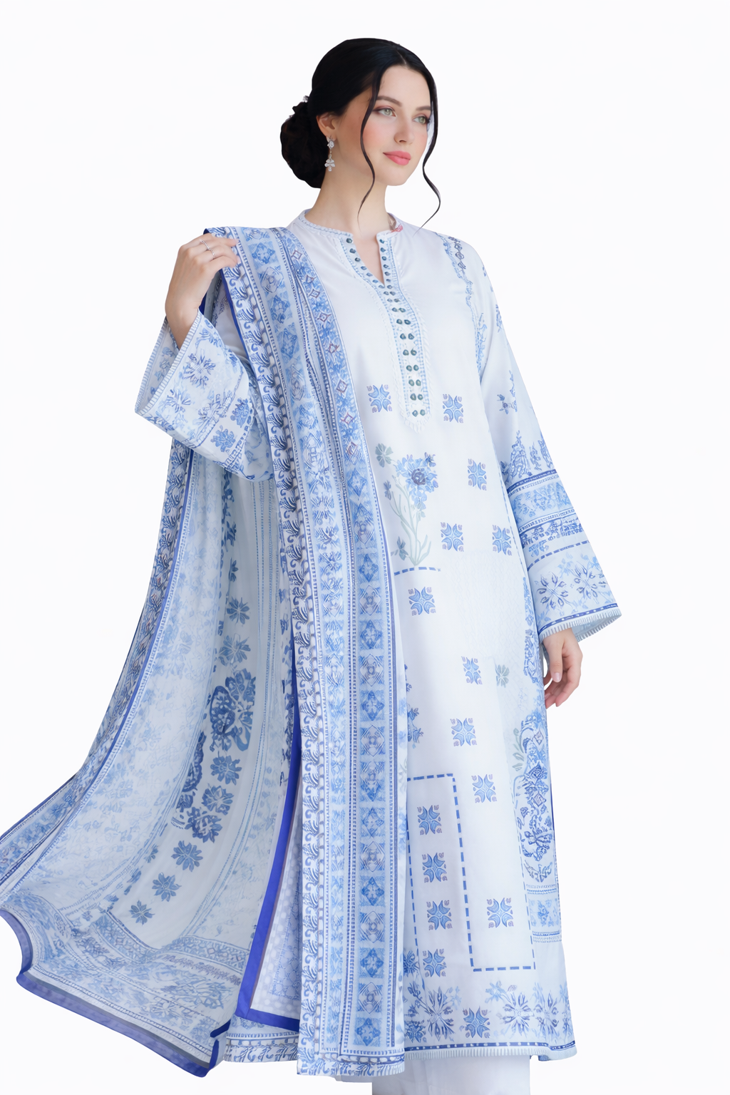 White & Blue Printed 3-Piece Eastern Suit for Women
