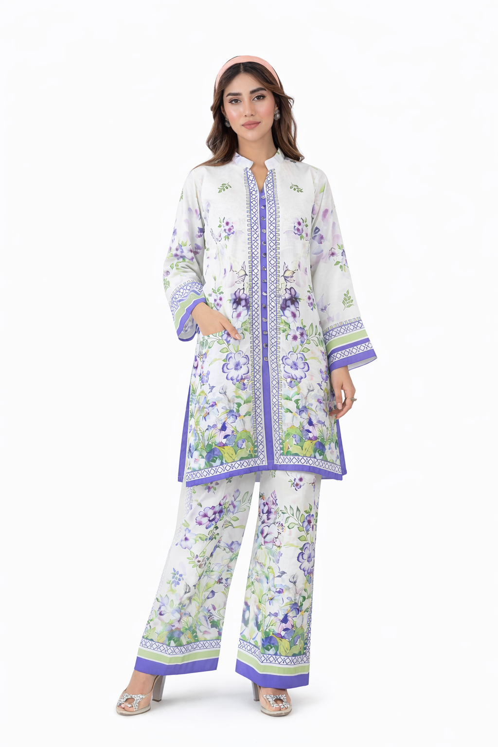 White Lavender Floral Printed 2-Piece Co-Ord Set for Women