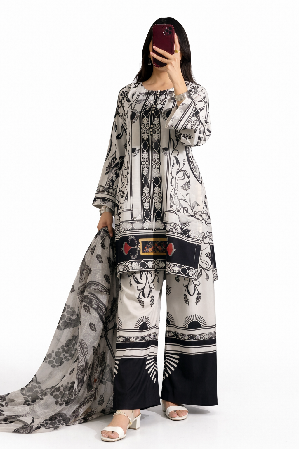 Black & Beige Printed 3-Piece Suit for Women