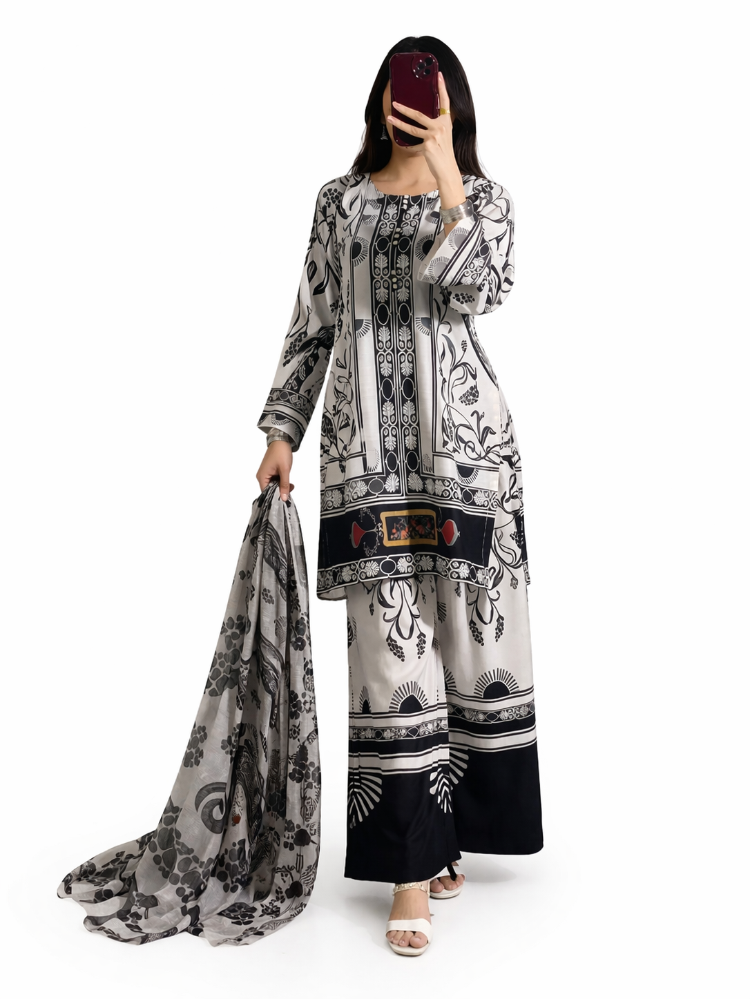 Black & Beige Printed 3-Piece Suit for Women