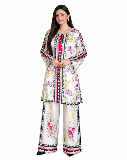 White Floral Printed 2-Piece Co-Ord Set for Women