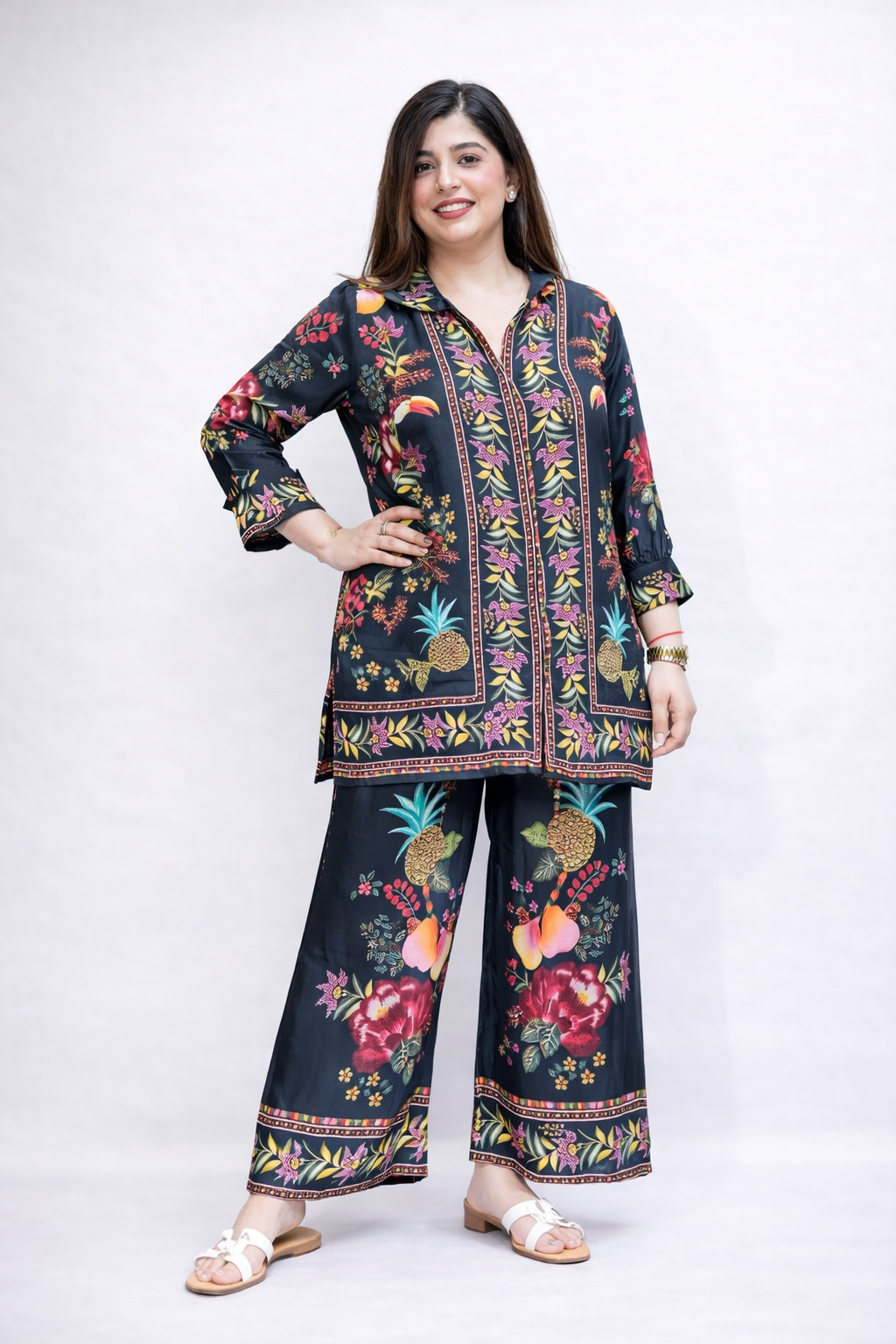 Black Tropical Floral Printed 2-Piece Co-Ord Set for Women