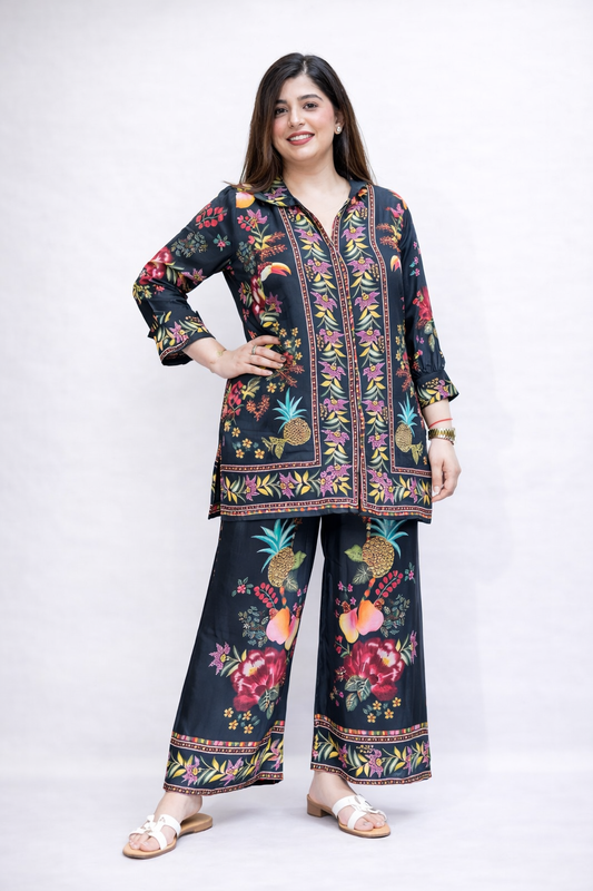 Black Tropical Floral Printed 2-Piece Co-Ord Set for Women