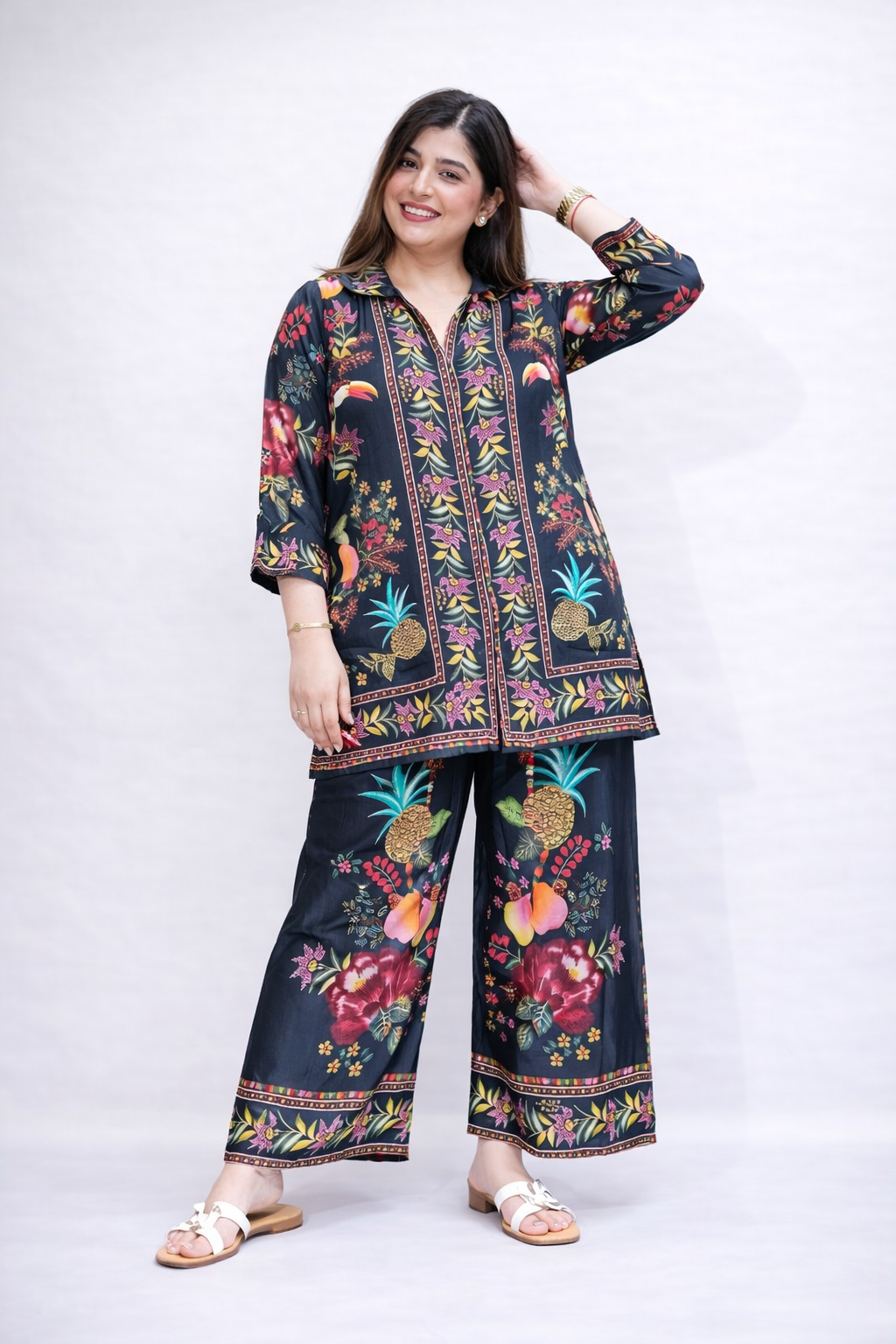 Black Tropical Floral Printed 2-Piece Co-Ord Set for Women