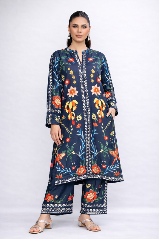 Charcoal Floral Printed 2-Piece Eastern Suit for Women