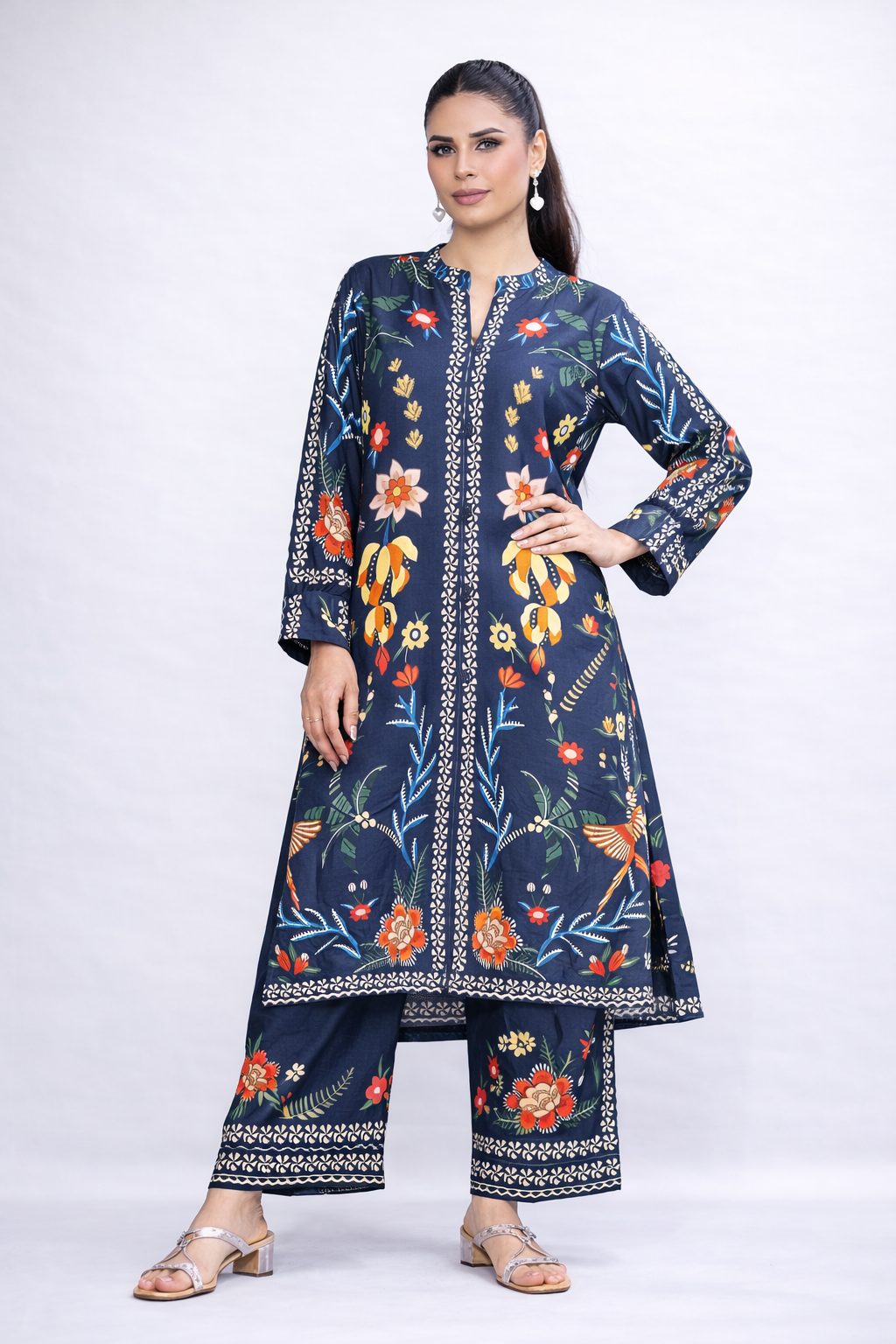 Charcoal Floral Printed 2-Piece Eastern Suit for Women