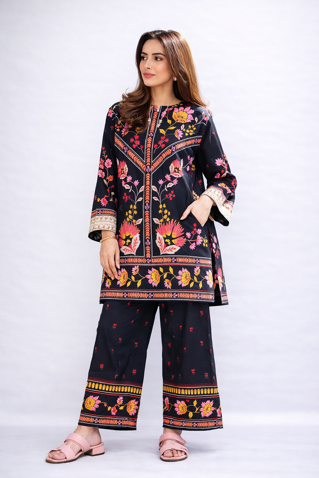 Black Floral Printed 2-Piece Co-Ord Set for Women